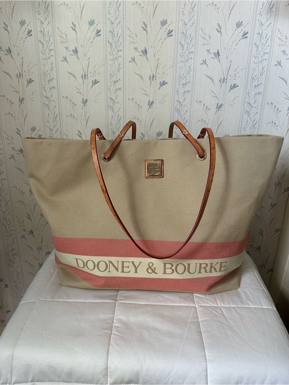 Dooney & Bourke Beige and Coral Stripe Canvas Tote